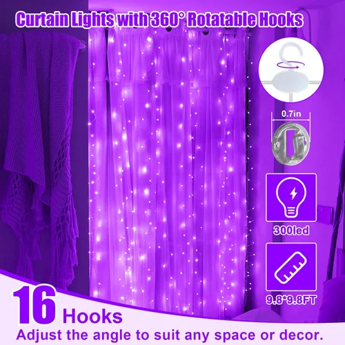 Miniatura 2 de Luz de Cortina Morada para Dormitorio, 300 LED 9.8 pies x 9.8 pies Luz de Cortina de Hadas para Ventana con 16 Ganchos, Control Remoto de 8 Modos