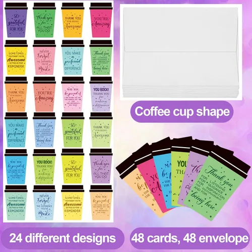 Miniatura 3 de Outus Paquete de 48 tarjetas de agradecimiento de fin de año para profesores, tazas de café, tarjetas de agradecimiento impresas con sobres