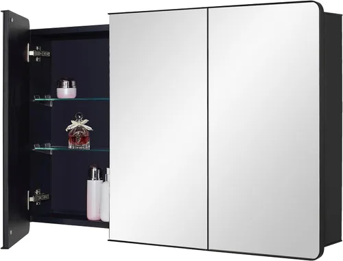 Miniatura 8 de IDYLLOR Gabinete de espejo de baño negro para medicinas con puerta con esquinas redondas y borde biselado, 15 x 25 pulgadas, montaje empotrado