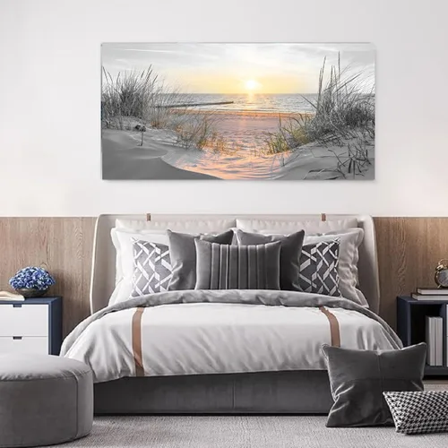 Miniatura 3 de Yxbhhym - Arte de pared en blanco y negro con temática de puesta de sol en la playa, decoración costera para la habitación, imagen del océano