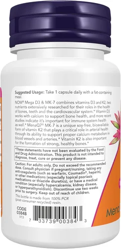 Miniatura 3 de Suplementos NOW Foods, Mega D-3 y MK-7 con vitaminas D-3 y K-2, 5.000 UI/180 mcg, soporte óseo y cardiovascular*, 60 cápsulas vegetales
