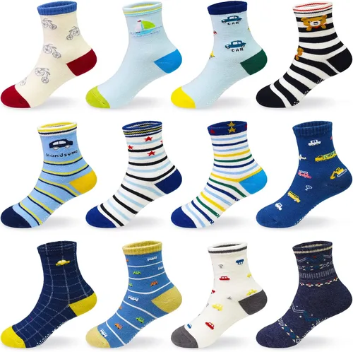 12 pares de calcetines antideslizantes antideslizantes para niños, calcetines de algodón para niños de 1-33-55-7 años de edad, niños y niñas