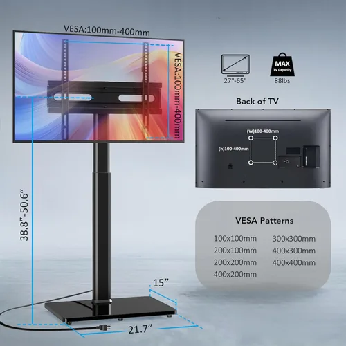 Miniatura 8 de AX WABER - Soporte de piso para TV con toma de corriente, soporte universal para TV de 27 a 65 pulgadas hasta 88 libras, giro de 70 grados, 9