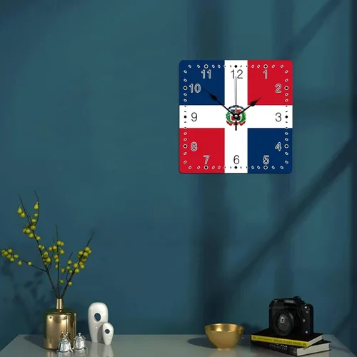 Miniatura 4 de Relojes de pared cuadrados de madera con bandera nacional de la República Dominicana con números arábigos, reloj silencioso sin tictac, funciona