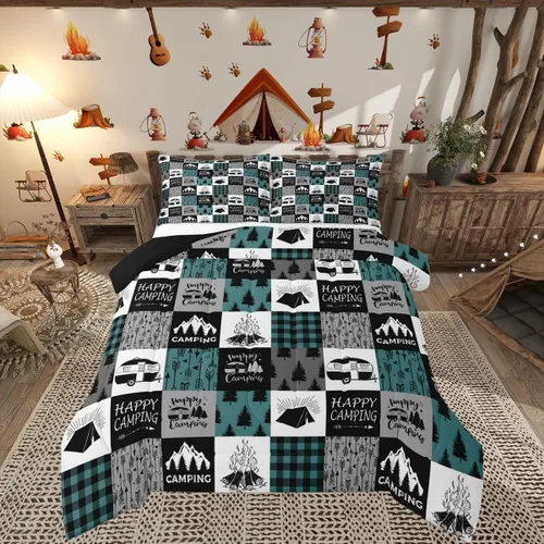 Miniatura 27 de Juego de edredón de camper tamaño matrimonial, edredón acolchado para adolescentes y niños, juego de ropa de cama rústica de granja para niños