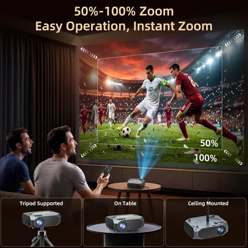 Miniatura 4 de FUDONI Proyector con WiFi y Bluetooth, soporte 4K para exteriores, proyector HD 1080P Max 300 pulgadas, proyector portátil de cine en casa Negro