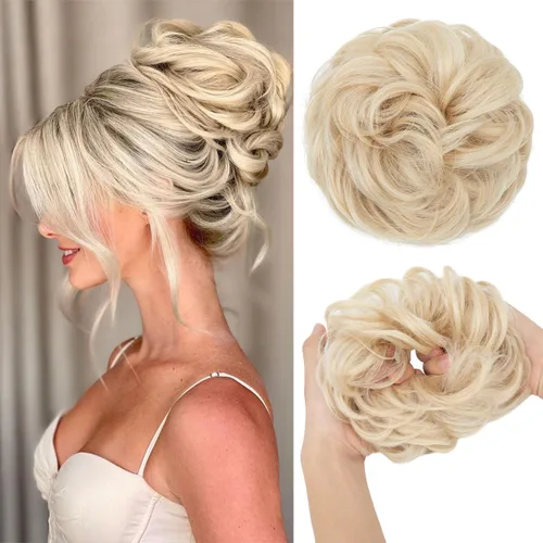 Miniatura 28 de CJL HAIR Extensiones de cabello sintético de moño desordenado, ondulado, rizado, grueso, para coleta, para mujer (rubio blanco)