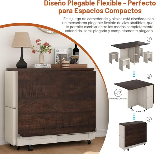 Miniatura 6 de Juego de mesa de comedor de granja de 5 piezas para 4, mesa plegable grande de 117 cm con 4 sillas de cuero, mesa de cocina plegable con ala