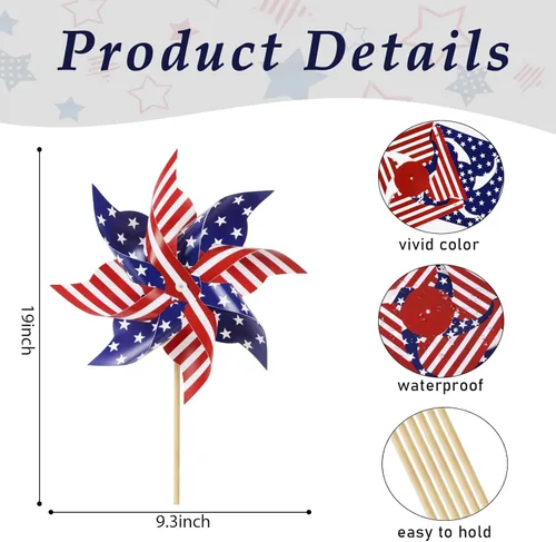 Miniatura 4 de HOOSUN 12 piezas de molinillos patrióticos con bandera americana para patio y jardín, molinillos rojos blancos y azules decorativos patrióticos
