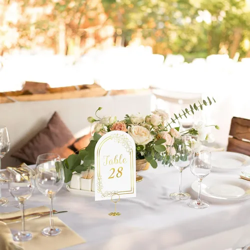 Miniatura 5 de JOYIT 21 juegos de tarjetas de mesa de boda del 1 al 20 y de la mesa principal con 21 soportes de números de mesas, tarjetas de números de oro negro