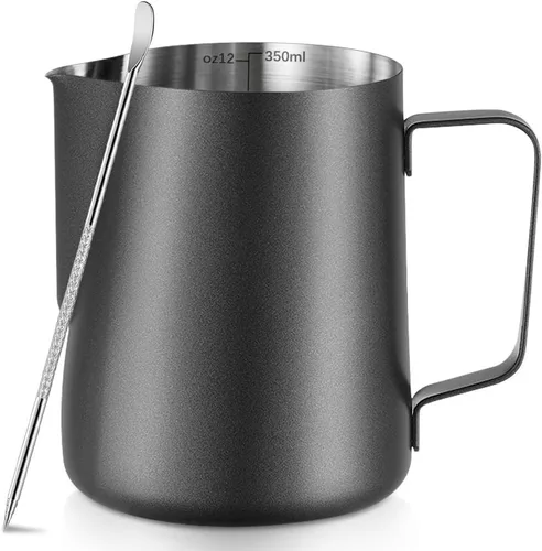 Miniatura 10 de Jarras para espumar leche - 350 ml / 12 oz de acero inoxidable, jarras de vapor para café/leche/capuchino/arte de café con leche, jarra de leche