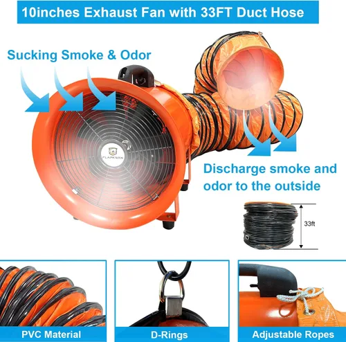 Miniatura 4 de Ventilador de escape de ventilación industrial portátil de 10 pulgadas 3010CFM 350W con manguera de conducto de 33 pies para aspirar polvo, humo