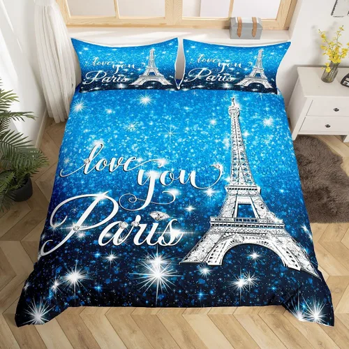 Miniatura 3 de Erosebridal Funda de edredón de la Torre Eiffel para niñas, juego de ropa de cama romántica de París azul, negro y blanco, funda de edredón