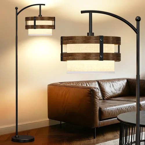Miniatura 9 de Lámpara de pie industrial de 67" con pantalla de madera y metal negro, lámpara de pie moderna, lámpara alta rústica de estilo granja para sala