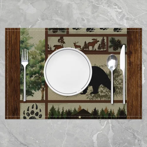 Miniatura 2 de Manteles individuales con diseño de silueta de oso, ciervos salvajes, estampado de patas, a cuadros, para niños, adolescentes y adultos
