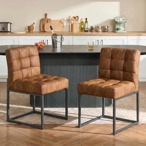 Miniatura 12 de GrandNoor Brown Faux Leather Dining Chairs Set of 2, Mid-Century Modern Dining Room Chairs with Armless, Checkered Kitchen Chair with Metal Legs