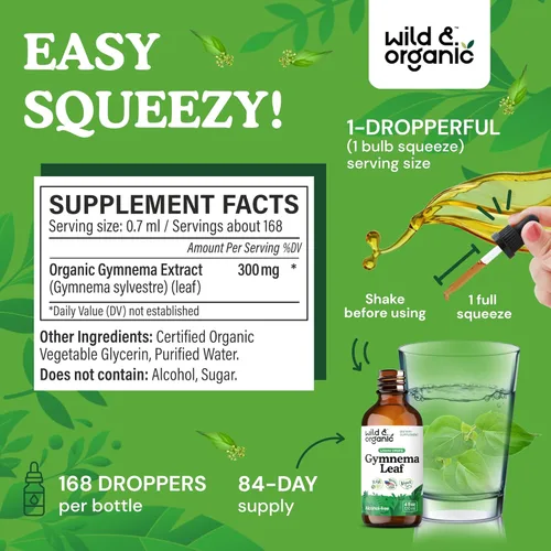 Miniatura 3 de Wild & Organic Gymnema Sylvestre Extract Drops - Suplementos de Gymnema Sylvestre sin azúcar - Tintura a base de polvo Gurmar - Gotas líquidas