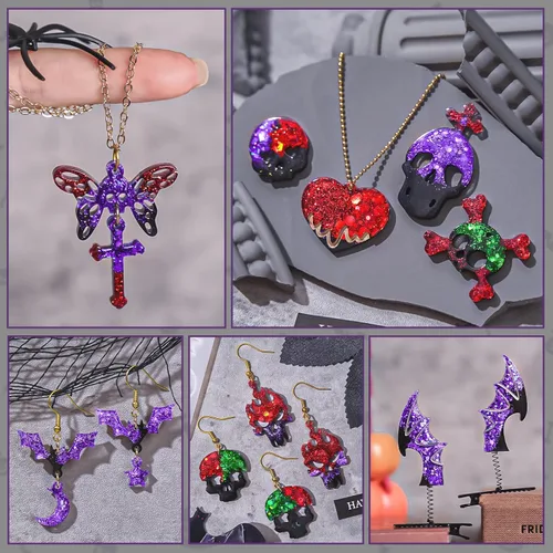 Miniatura 5 de Molde para aretes de resina de Halloween, 3 moldes de joyería de resina, varios moldes de silicona de calavera, moldes de pinzas para el cabello