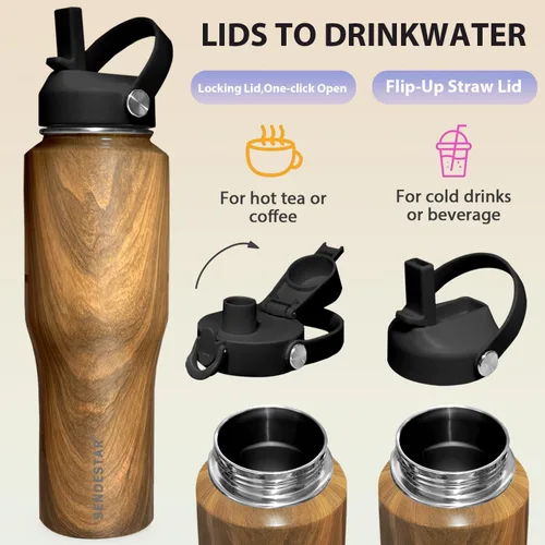 Miniatura 5 de SENDESTAR Botella de agua de 32 onzas de boca ancha de acero inoxidable aislada al vacío, doble pared con tapas de pajilla, cabe en cualquier Madera
