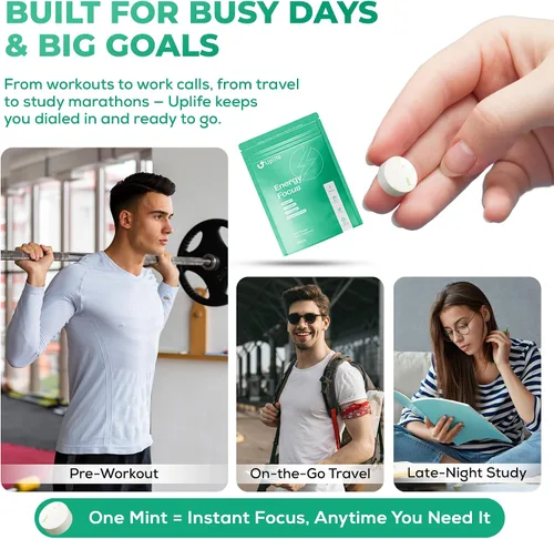 Miniatura 7 de UPLIFE Focus and Energy Mints - 120 unidades – Hecho en Estados Unidos – Goma de mascar de cafeína natural nootrópica de acción rápida de 40 mg