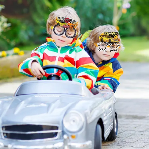 Miniatura 5 de Paquete de 32 regalos de fiesta de autos de carreras para niños, marcos de gafas de papel de carreras con bandera a cuadros para suministros