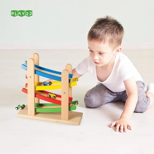 Miniatura 2 de Play22 Rampas de madera para autos de carrera, 4 niveles, pista de carreras incluye 4 autos de juguete de madera, My First Baby Toys - El juego