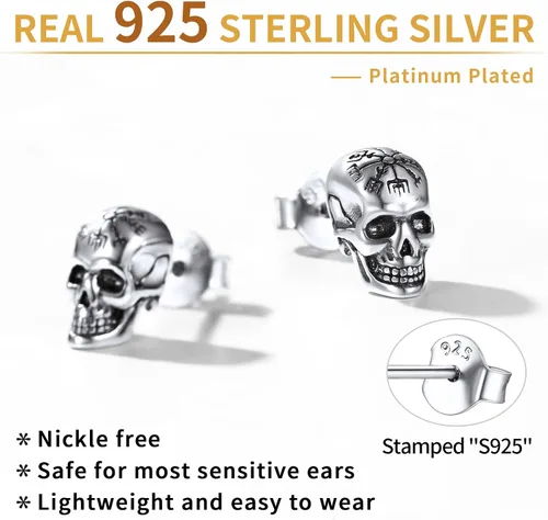 Miniatura 4 de ChicSilver Aretes de plata de ley 925, aretes góticos vintage personalizados, aretes de Halloween para hombres y mujeres (con caja de regalo)