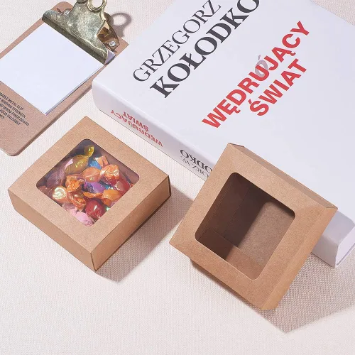 Miniatura 5 de BENECREAT Paquete de 20 cajas cuadradas de papel kraft de 3.5 x 3.5 x 1.2 pulgadas, caja de cajón con tapa de ventana de PVC para fiesta de Marrón