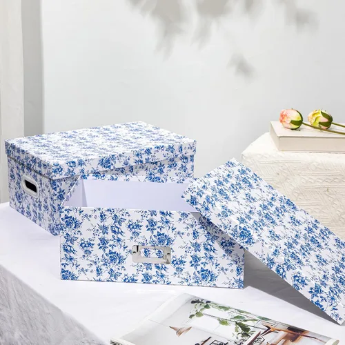 Miniatura 6 de Briful Juego de 2 cajas de almacenamiento de porcelana azul y blanca con tapas, elegantes cubos organizadores de anidación floral, juego de cajas