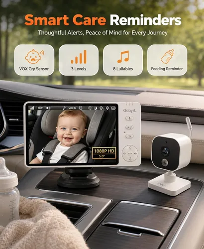 Miniatura 7 de Cámara inalámbrica para automóvil de bebé, visión nocturna automática IR HD 1080P, monitor de bebé giratorio de 360°, pantalla de 5 pulgadas zoom