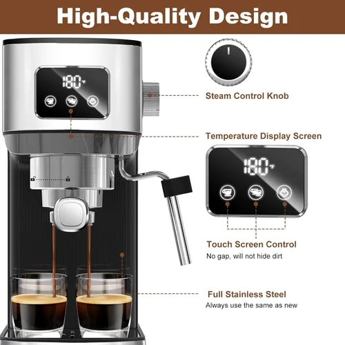 Miniatura 7 de Geek Chef Máquina de café expreso, cafetera de café espresso y capuchino de 20 barras con espumador de molino, cafetera de capuchino y café