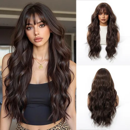 Miniatura 27 de Esmee Pelucas largas onduladas de color rubio ceniza para mujer con flecos, peluca de cabello sintético natural para uso diario y de fiesta