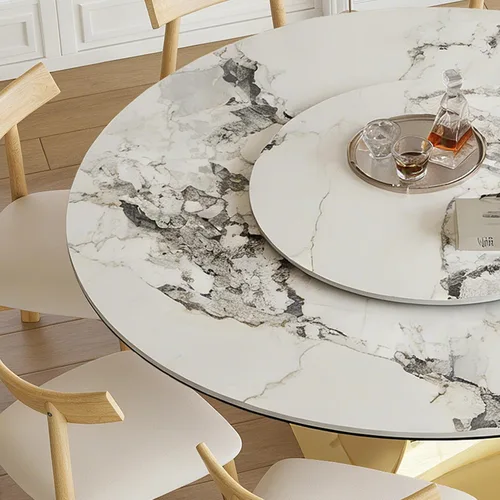 Miniatura 8 de Juego de mesa de comedor redonda de 9 piezas, moderna mesa de cocina de piedra sinterizada de 59 pulgadas con plato giratorio redondo de 31.5