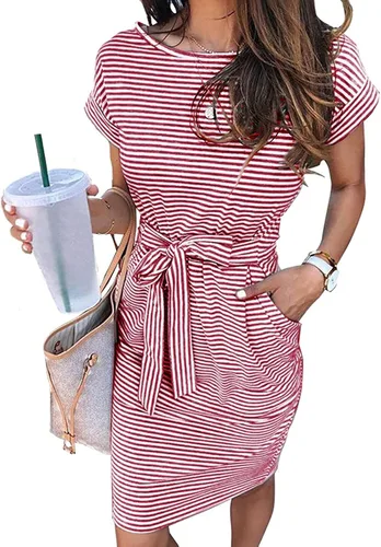 MEROKEETY - Vestido de verano con manga corta, a rayas, casual, estilo camiseta, con lazo en la cintura y bolsillos, para mujer