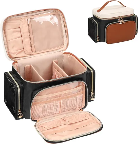 Miniatura 22 de Bagmoly Bolsa de maquillaje grande, organizador portátil de maquillaje para mujeres y niñas con compartimento para brochas de maquillaje y dos