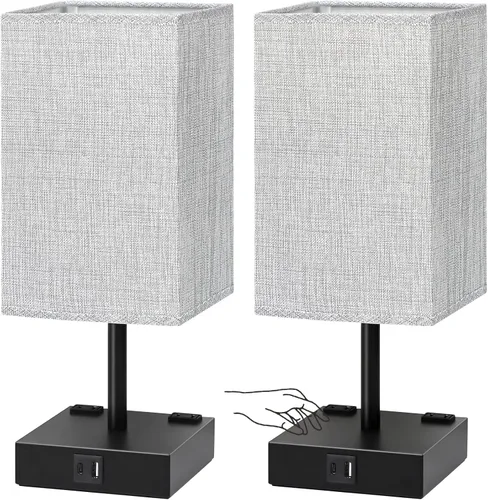 Miniatura 9 de Juego de 2 lámparas de mesita de noche de 3 vías regulables con puerto de carga USB C y USB A, 2 salidas de CA, bombillas LED de 3000 K (negro)