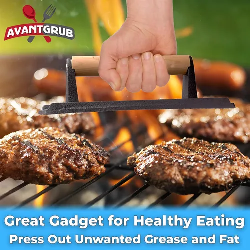 Miniatura 4 de Grado profesional, parrilla de hierro fundido pre-sazonado, peso 1 paquete. Prensa de carne y hamburguesa resistente con mango de madera