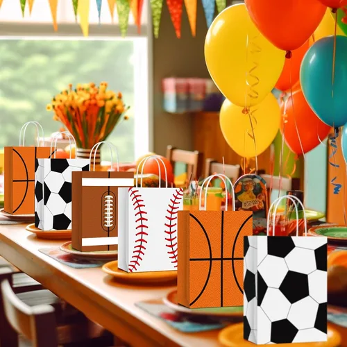 Miniatura 7 de TaoBary 12 bolsas de regalo para fiestas deportivas, fútbol, béisbol, deportes, bolsas de regalo con asas para decoración de fiesta de cumpleaños