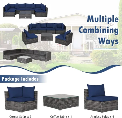 Miniatura 2 de Tangkula Juego de muebles de mimbre de patio de 7 piezas, juego de sofá modular de ratán para 6 personas con cojines de asiento y respaldo, 2 Azul