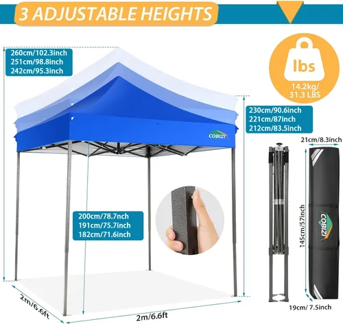 Miniatura 4 de COBIZI Toldo desplegable de 6.6 x 6.6 pies sin pared lateral, toldo resistente UPF 50+ para todas las estaciones, resistente al viento e Azul