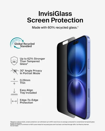Miniatura 3 de Belkin ScreenForce InvisiGlass - Protector de pantalla de privacidad para iPhone 16 Plus, protección contra impactos resistente a los arañazos