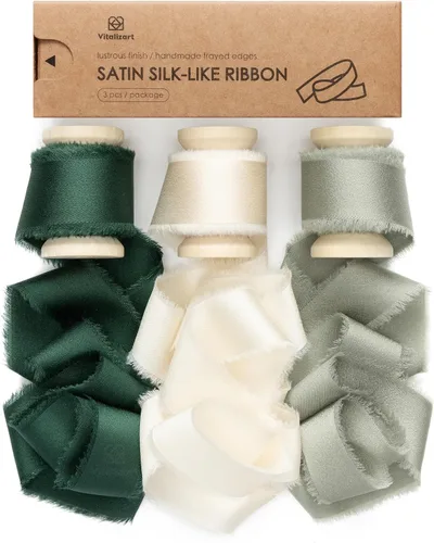 Vitalizart Cinta de satén de seda verde y blanca de 1 pulgada x 15 yardas, carrete de madera hecha a mano, cinta deshilachada para envolver regalos,
