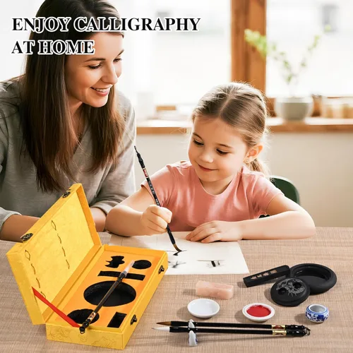 Miniatura 5 de I-MART Juego de caligrafía china para principiantes con 4 pinceles, piedra de tinta, barra de tinta, pasta de tinta roja, sello, cuenco de agua