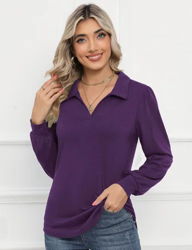 Miniatura 3 de LOMON Camisas tipo polo de manga larga con cuello en V y manga abombada para mujer