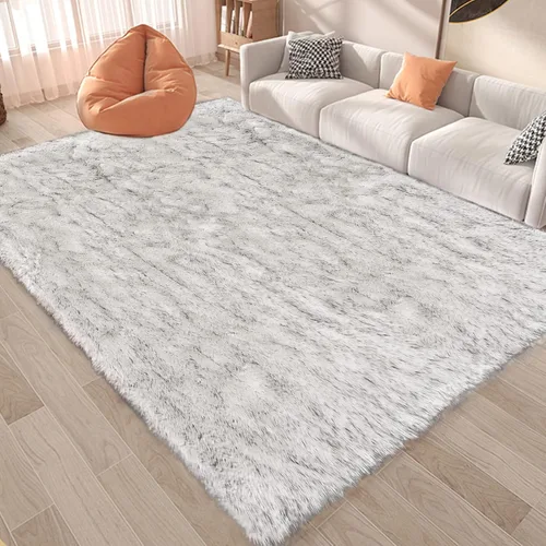Miniatura 2 de Latepis Alfombra de Área de 6 x 8 Pies Blanca con Puntas Grises Alfombras Shag Grandes Alfombra de Piel Sintética de Oveja para Sala de Estar Blanco
