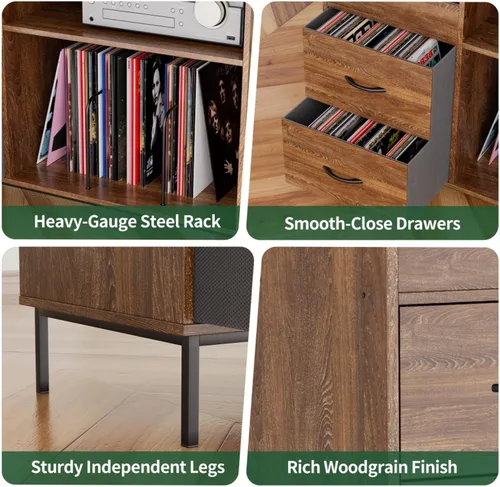 Miniatura 8 de Hassyee Soporte para tocadiscos con almacenamiento para más de 500 álbumes, estante giratorio moderno de mediados de siglo y cajones, consola