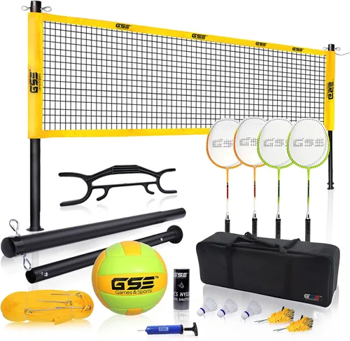 Miniatura 11 de GSE Games & Sports Expert Outdoor Badminton and Volleyball Combo Set, Yard Net Game Set with Ball, Pump, Boundary Line and Carry Bag for Backyard