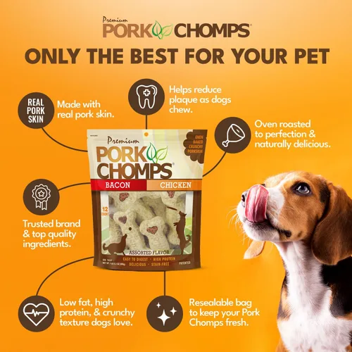 Miniatura 3 de Pork Chomps Masticables para perros, huesos crujientes de 4 pulgadas, sabor a tocino y pollo, 12