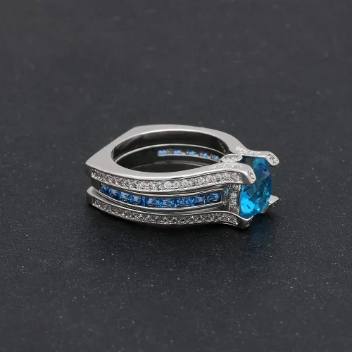 Miniatura 6 de UFOORO Juego de anillos de boda de cristal azul cielo para mujer, chapado en platino