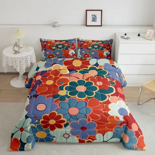 Miniatura 10 de Juego de ropa de cama con estampado floral bohemio, tamaño individual, diseño retro de flores groovy, 60S y 70S, juego de edredón de flores hippie